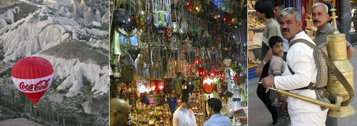 Countour ballooning, at the market, water seller in Turkey.