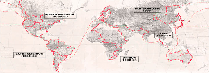 Map showing Helge's "10 Years on 2 Wheels" travels